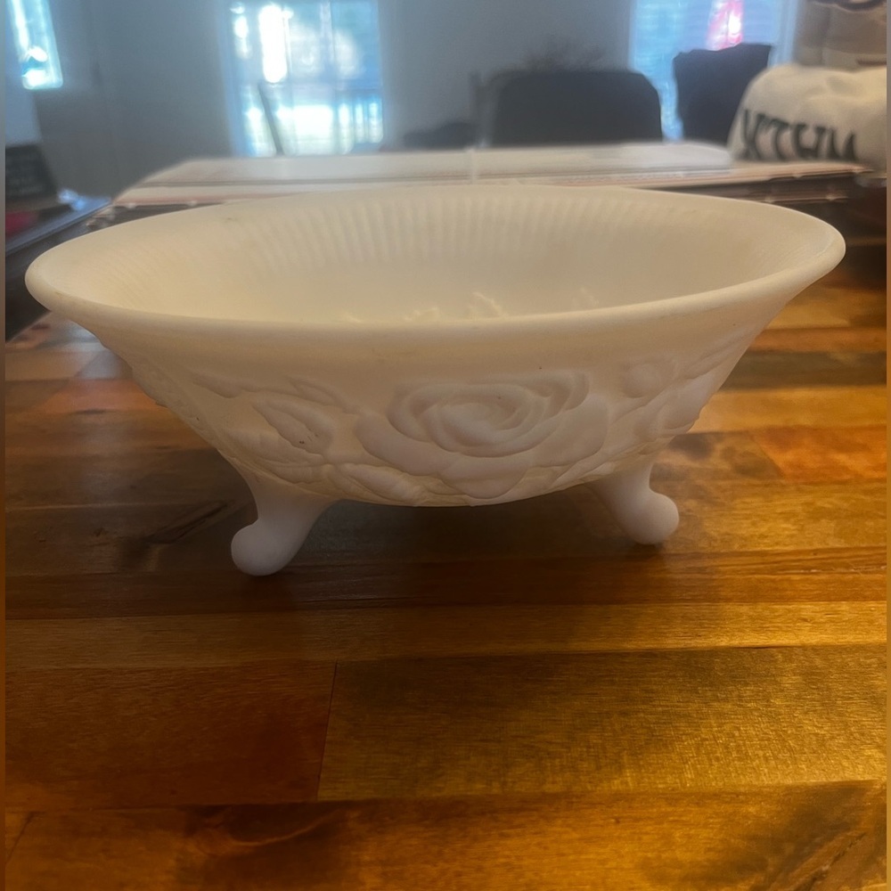 Imperial Milk Glass Rose 3-Toed Footed Bowl